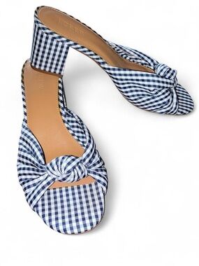 J. Crew Navy and White Gingham Knot Block Heel Mules